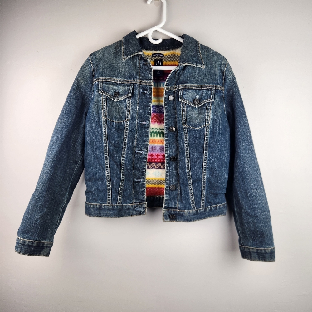 Vintage Y2K Gap Colorful Wool Sweater Lined Denim Jacket Medium